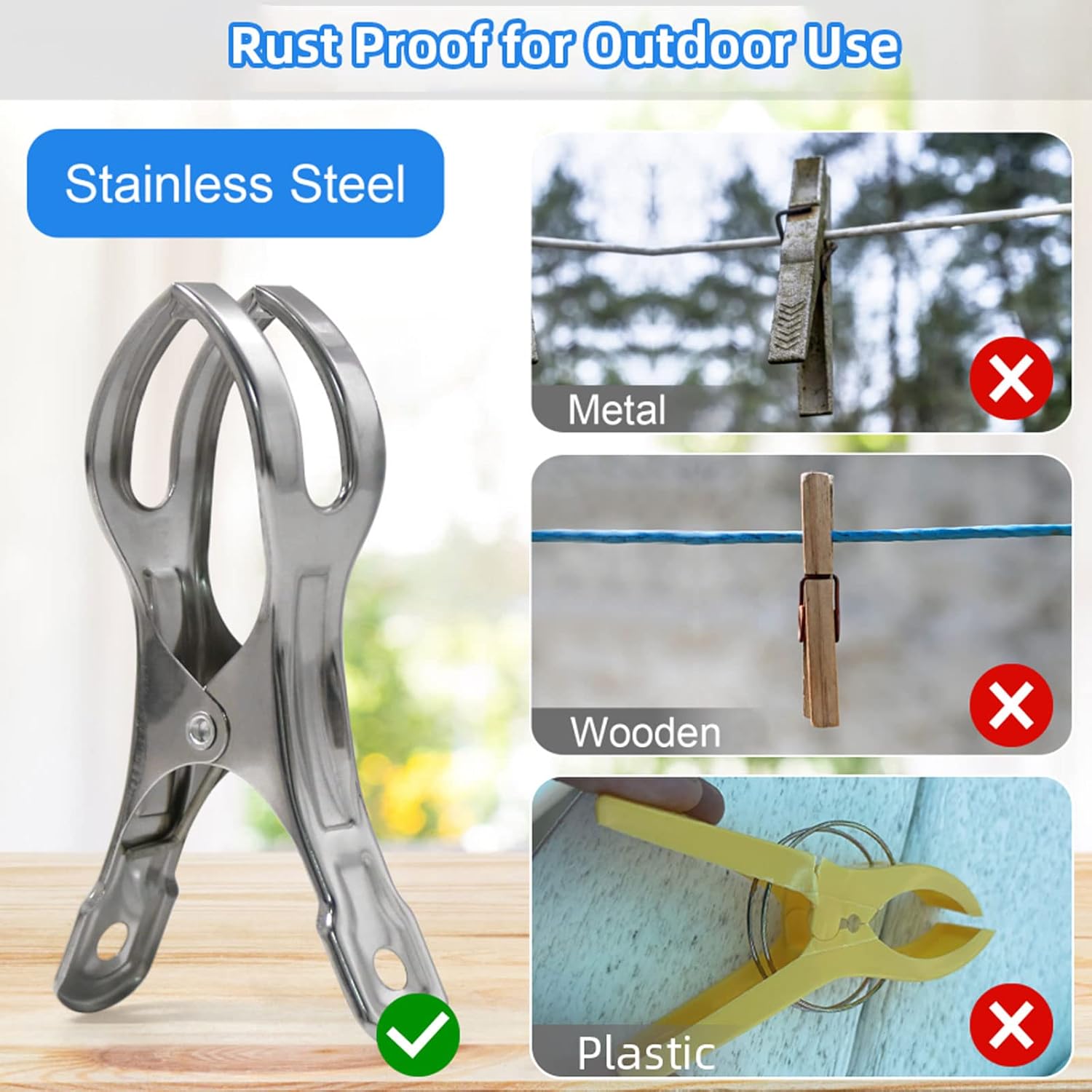 Coideal 10 Stück Edelstahl Strand Handtuch Clips Große hängende Stöpsel Windbeständig für schwere Kleidung (11 cm)