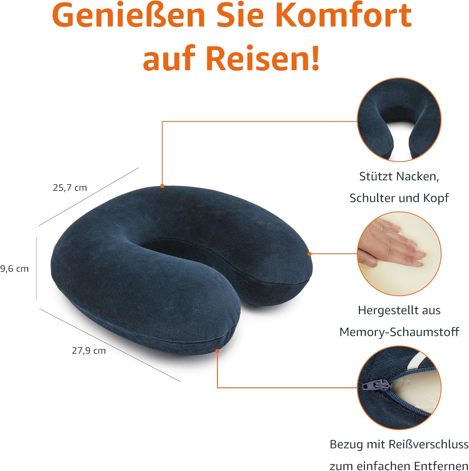 Nackenkissen aus Memoryschaumstoff, Halbkreisförmig, Marineblau