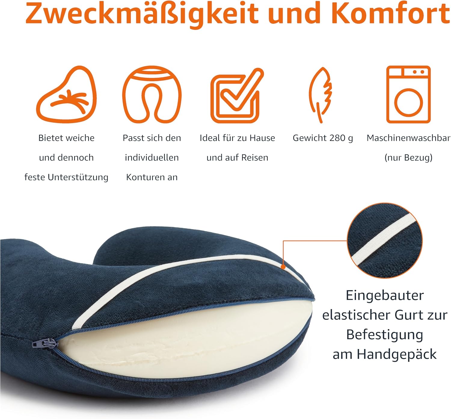 Nackenkissen aus Memoryschaumstoff, Halbkreisförmig, Marineblau